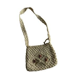 Vintage C & B Handwoven Crochet Crossbody Bag With Patterned Accents Beige & Bro